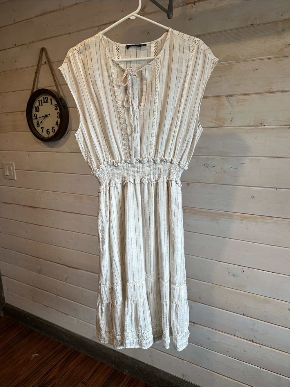 Black Tape | Cream & Shiny Silver Striped Linen Blend Dress - Picture 2 of 7